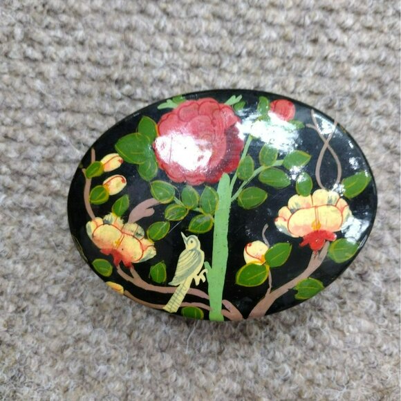 Vintage Lacquer Trinket Box, Kashmir India Black Flowers Bird Paper Mache - Picture 1 of 3